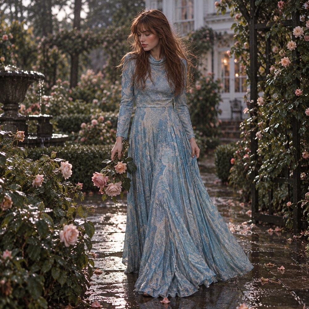 Vintage 1970s Carillon New York Blue Silver Lurex Pleated Maxi Gown - Picture 3 of 16